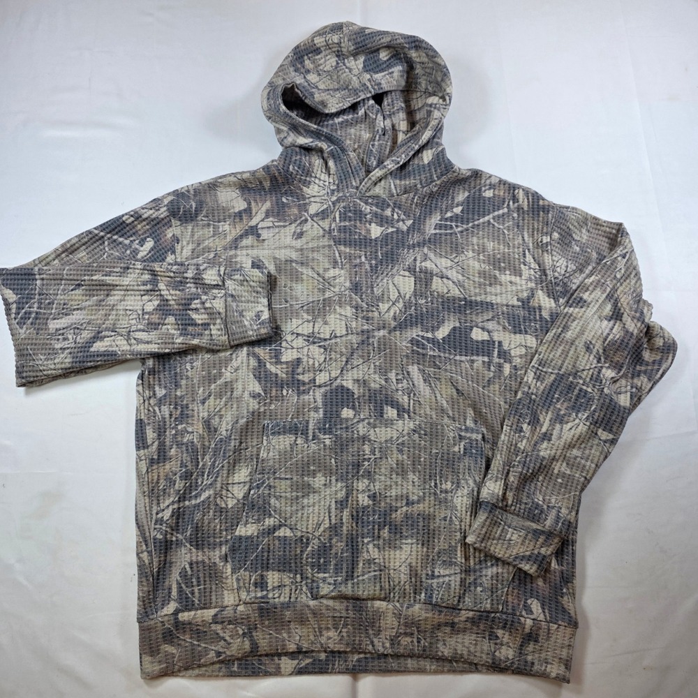 Negative Space Mens Medium Camo Waffle Knit Thermal Hoodie Pullover Tan Brown
